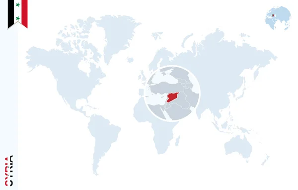 Mappa del mondo blu con ingrandimento sulla Siria . — Vettoriale Stock