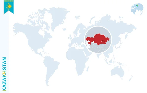 Modrý svět mapa s lupy na Kazachstán. — Stockový vektor