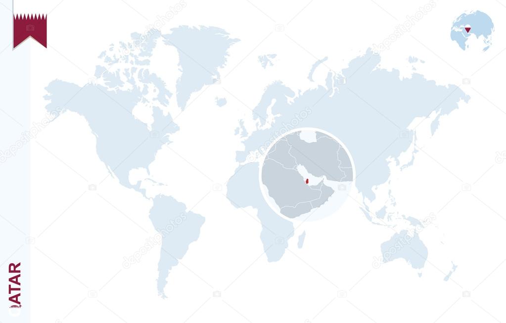 Carte Du Monde Bleu Avec Loupe Sur Qatar Image