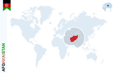 Afganistan üzerinde büyüteç ile mavi Dünya Haritası.