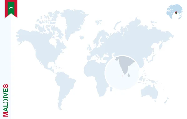 Синяя карта мира с увеличением на Мальдивах . — стоковый вектор