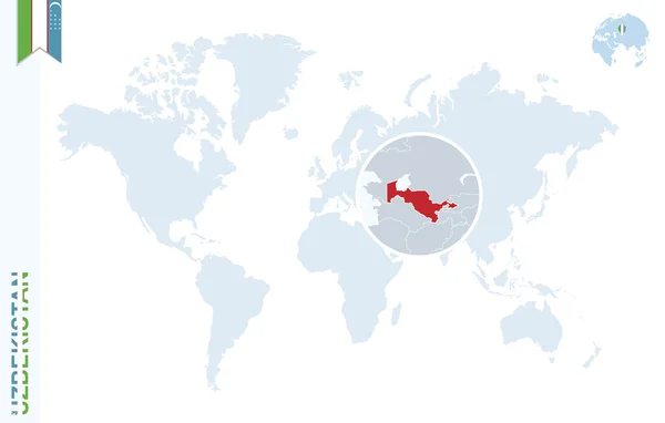 Mapa do mundo azul com ampliação no Uzbequistão . — Vetor de Stock