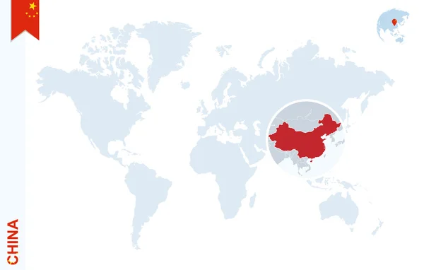 Mapa świata niebieski z powiększającym na Chiny. — Wektor stockowy