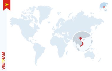 Vietnam üzerinde büyüteç ile mavi Dünya Haritası.