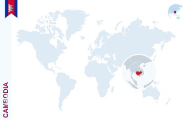 Kamboçya üzerinde büyüteç ile mavi Dünya Haritası.