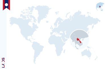 Laos üzerinde büyüteç ile mavi Dünya Haritası.