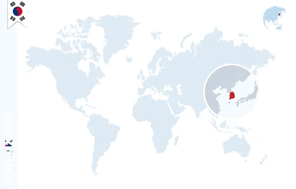 Mapa do mundo azul com ampliação na Coréia do Sul . — Vetor de Stock