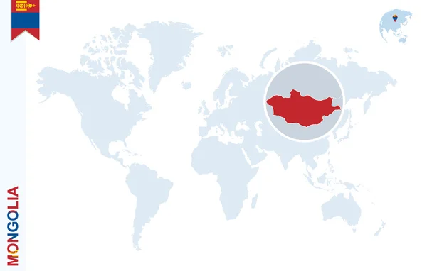 Modrý svět mapa s lupy na Mongolsko. — Stockový vektor