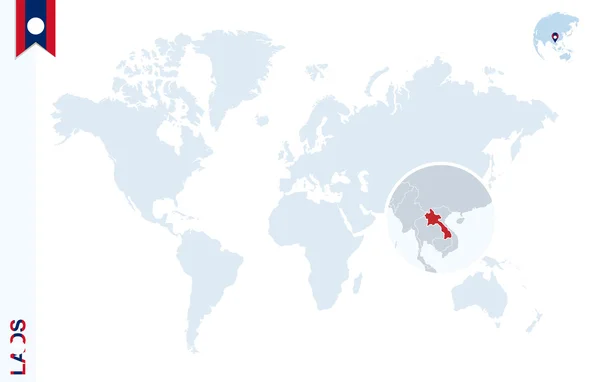 Modrý svět mapa s lupy na Laos. — Stockový vektor