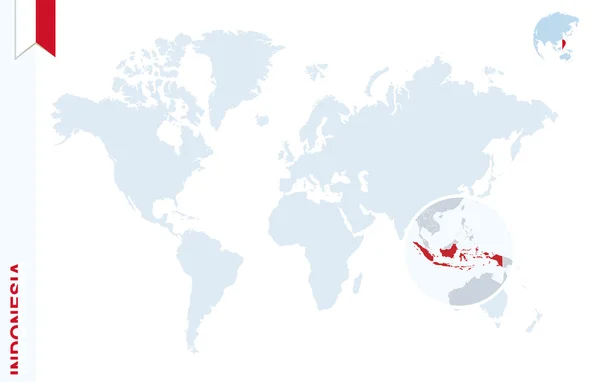 Mapa del mundo azul con magnificación en Indonesia . — Vector de stock