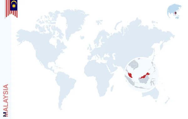 Mapa del mundo azul con magnificación en Malasia . — Vector de stock