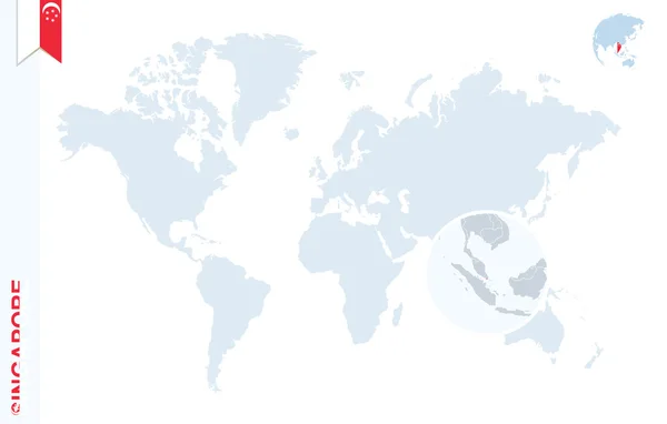 Mapa do mundo azul com ampliação em Singapura . — Vetor de Stock