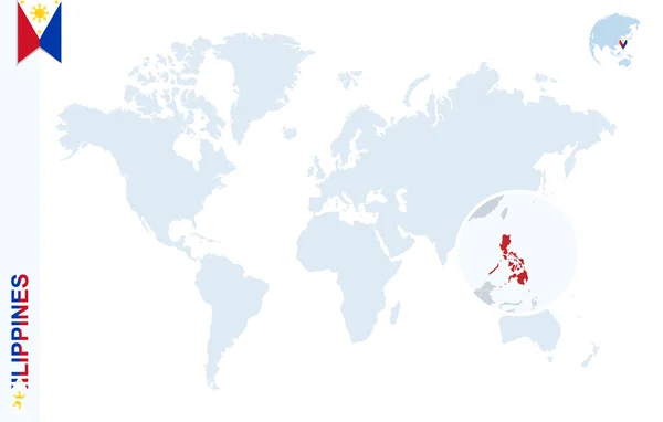 필리핀에 확대와 함께 파란 세계 지도. — 스톡 벡터