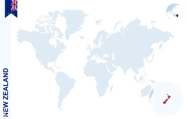 Modrý svět mapa s lupy na Novém Zélandu. — Stockový vektor