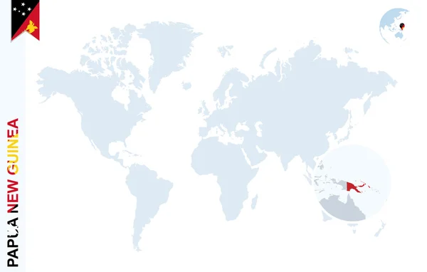 Μπλε παγκόσμιο χάρτη με μεγεθυντικό στην Παπούα Νέα Γουινέα. — Διανυσματικό Αρχείο
