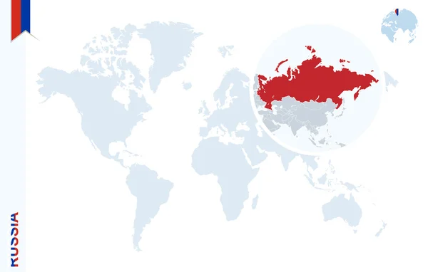 Modrý svět mapa s lupy na Rusko. — Stockový vektor