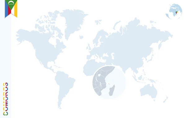 Mapa del mundo azul con magnificación en Comoras . — Vector de stock