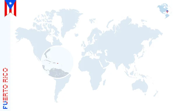 Modrý svět mapa s lupy na Puerto Rico. — Stockový vektor