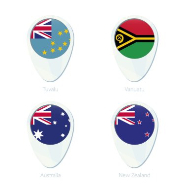 Tuvalu, Vanuatu, Avustralya, Yeni Zelanda bayrağı konumu harita PIN simgesi.