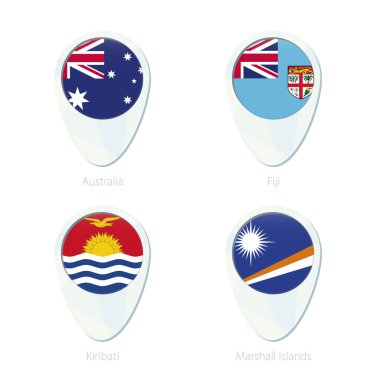 Avustralya, Fiji, Kiribati, Marshall Adaları bayrak konumu harita PIN simgesi.