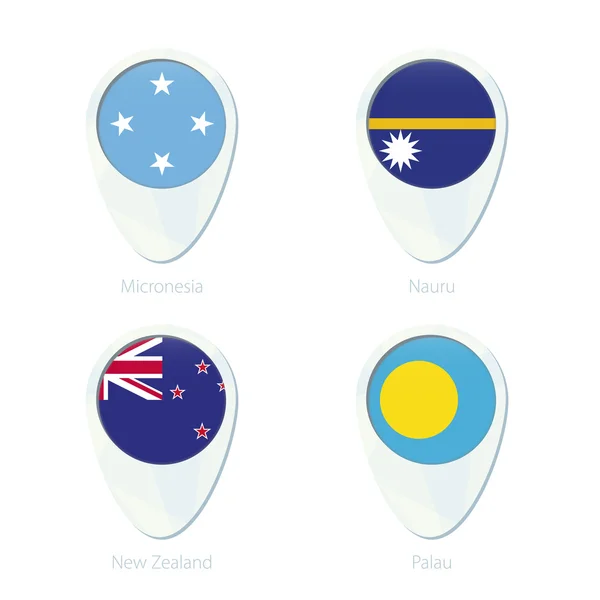 Micronesia, Nauru, New Zealand, Palau flag location map pin icon. — Stock Vector