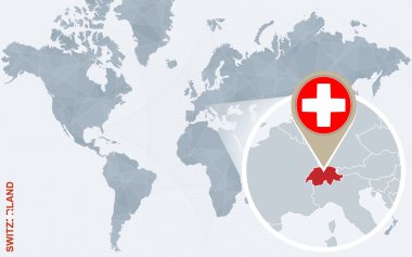 Büyütülmüş İsviçre ile soyut mavi Dünya Haritası.