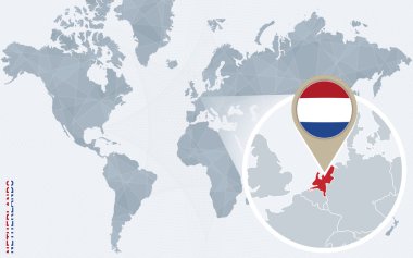 Büyütülmüş Hollanda ile soyut mavi Dünya Haritası.