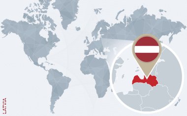 Büyütülmüş Letonya ile soyut mavi Dünya Haritası.