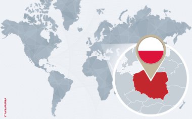 Büyütülmüş Polonya ile soyut mavi Dünya Haritası.