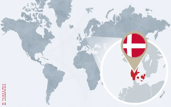 Abstraktní Tmavomodrý svět mapa s zvětšená Dánsko. — Stockový vektor
