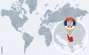 Büyütülmüş Sırbistan ile soyut mavi Dünya Haritası.