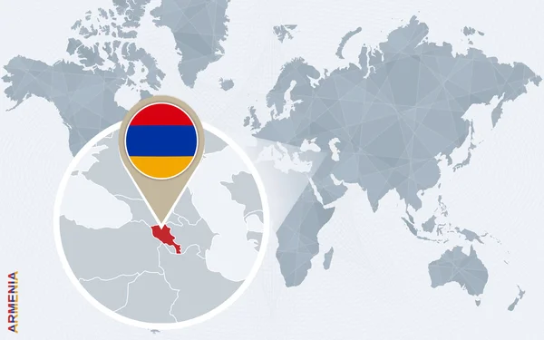 Abstract blauw wereldkaart met vergrote Armenië. — Stockvector