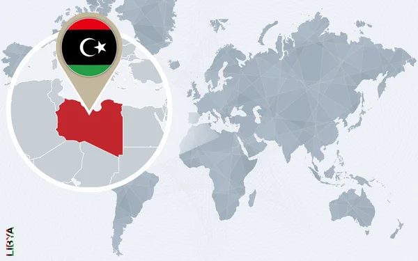 Abstrakte blaue Weltkarte mit vergrößerter Libya. — Stockvektor
