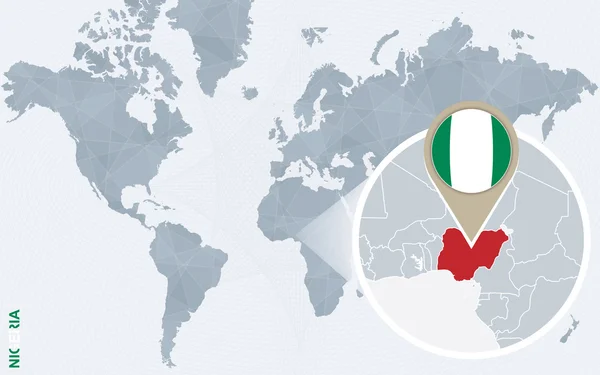 Mapa del mundo azul abstracto con Nigeria ampliada . — Vector de stock