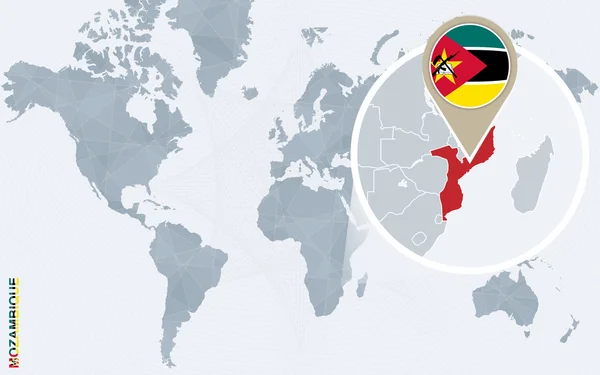 Mapa do mundo azul abstrato com Moçambique ampliado . — Vetor de Stock