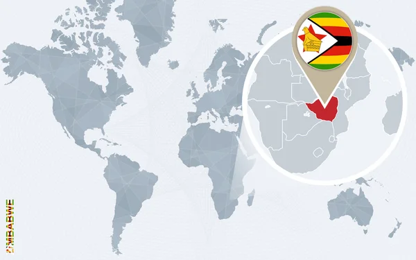 Mapa świata niebieski streszczenie z powiększony Zimbabwe. — Wektor stockowy