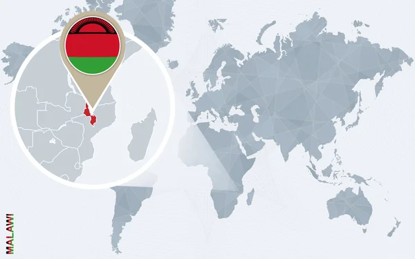 Mapa świata niebieski streszczenie z powiększony Malawi. — Wektor stockowy