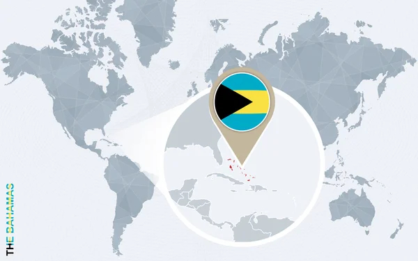 Mapa del mundo azul abstracto con las Bahamas magnificadas . — Vector de stock
