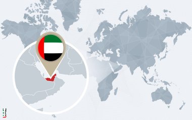 Soyut mavi Dünya Haritası ile büyütülmüş Birleşik Arap Emirlikleri.