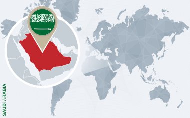 Büyütülmüş Suudi Arabistan ile soyut mavi Dünya Haritası.