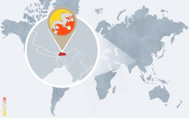 Büyütülmüş Butan ile soyut mavi Dünya Haritası.