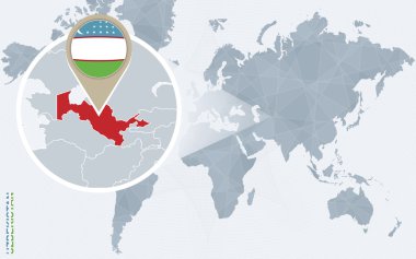 Büyütülmüş Özbekistan ile soyut mavi Dünya Haritası.