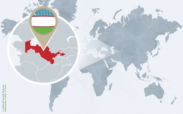 Mapa del mundo azul abstracto con Uzbekistán magnificado . — Vector de stock