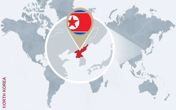 Abstraktní Tmavomodrý svět mapa se zvětšeným Severní Koreou. — Stockový vektor