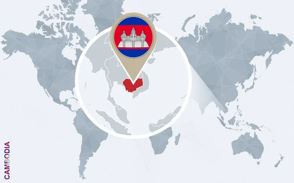 Abstract blauw wereldkaart met vergrote Cambodja. — Stockvector
