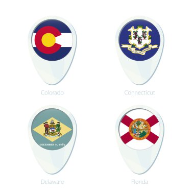 Colorado, Connecticut, Delaware, Florida bayrak konumu harita PIN simgesi. 