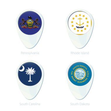 Pennsylvania, Rhode Island, South Carolina, Güney Dakota konumu harita PIN simgesi bayrak. 