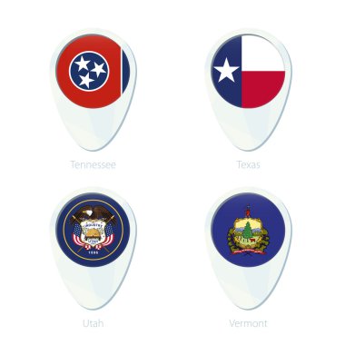 Tennessee, Texas, Utah, Vermont bayrak konumu harita PIN simgesi. 