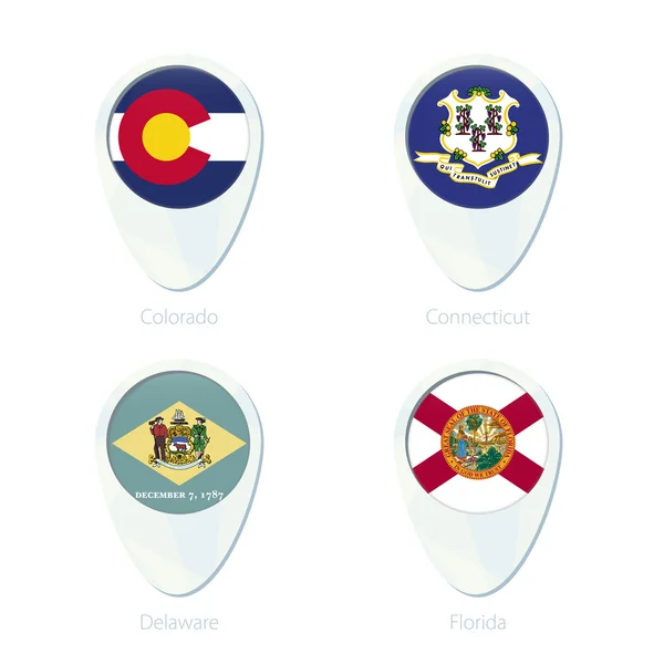 コロラド、コネチカット、デラウェア州、フロリダ州旗の場所地図ピン アイコン. — ストックベクタ