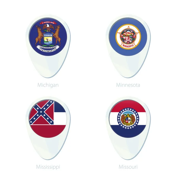 Μίσιγκαν, Μινεσότα, Μισισιπή, Μισσούρι σημαία τοποθεσία χάρτη εικονίδιο καρφίτσα. — Διανυσματικό Αρχείο